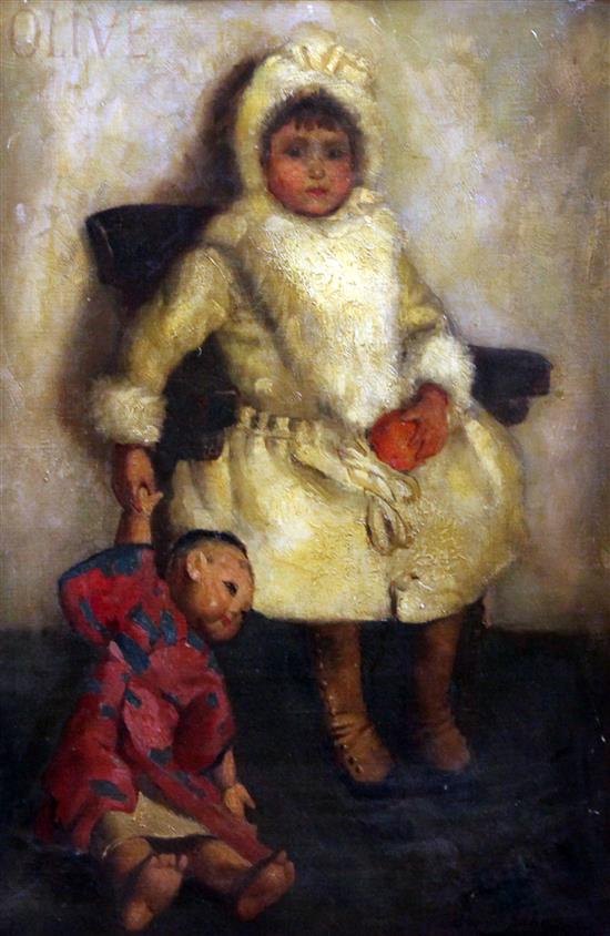 John Byam Shaw (1872-1919) Olive; Portrait of a girl holding a Chinese doll, 23 x 16in.